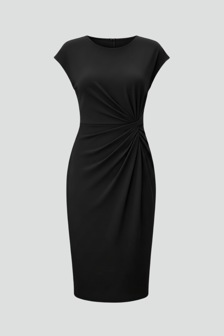 Vioria Knee-Length Dress with Round Neck and Ruched Waist
