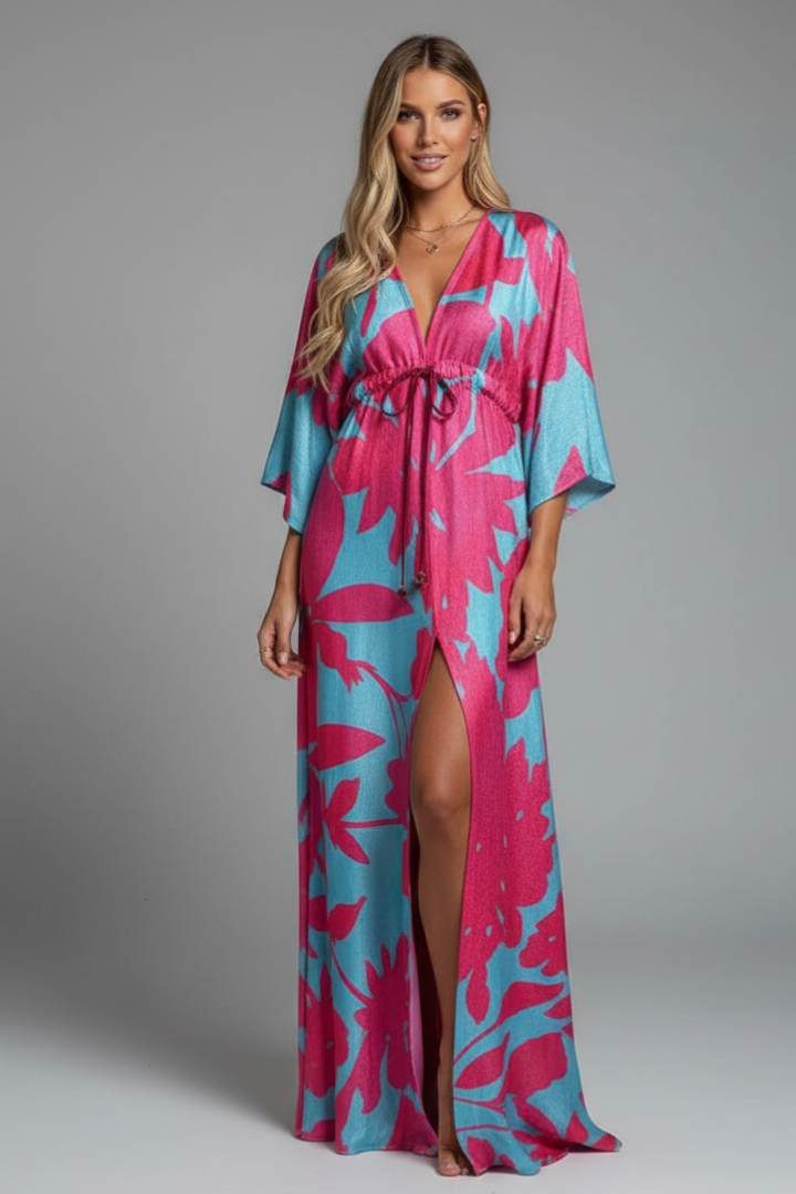 Evania Maxi Dress with V Neckline and Tie Waist