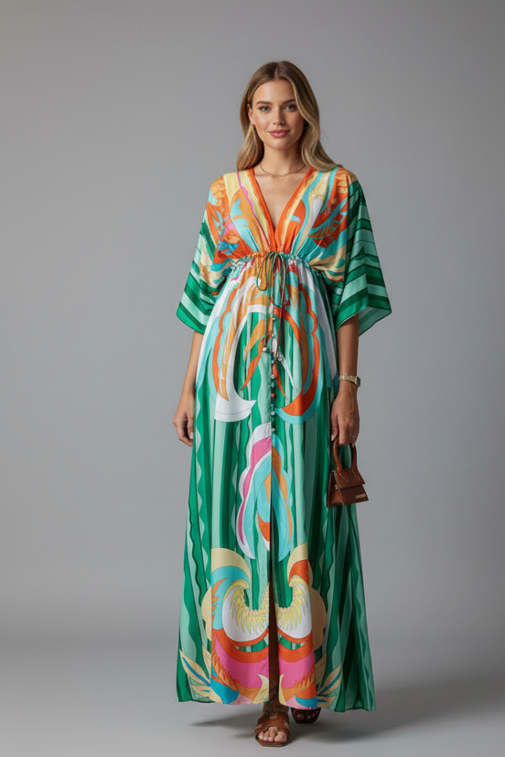 Evania Maxi Dress with V Neckline and Tie Waist