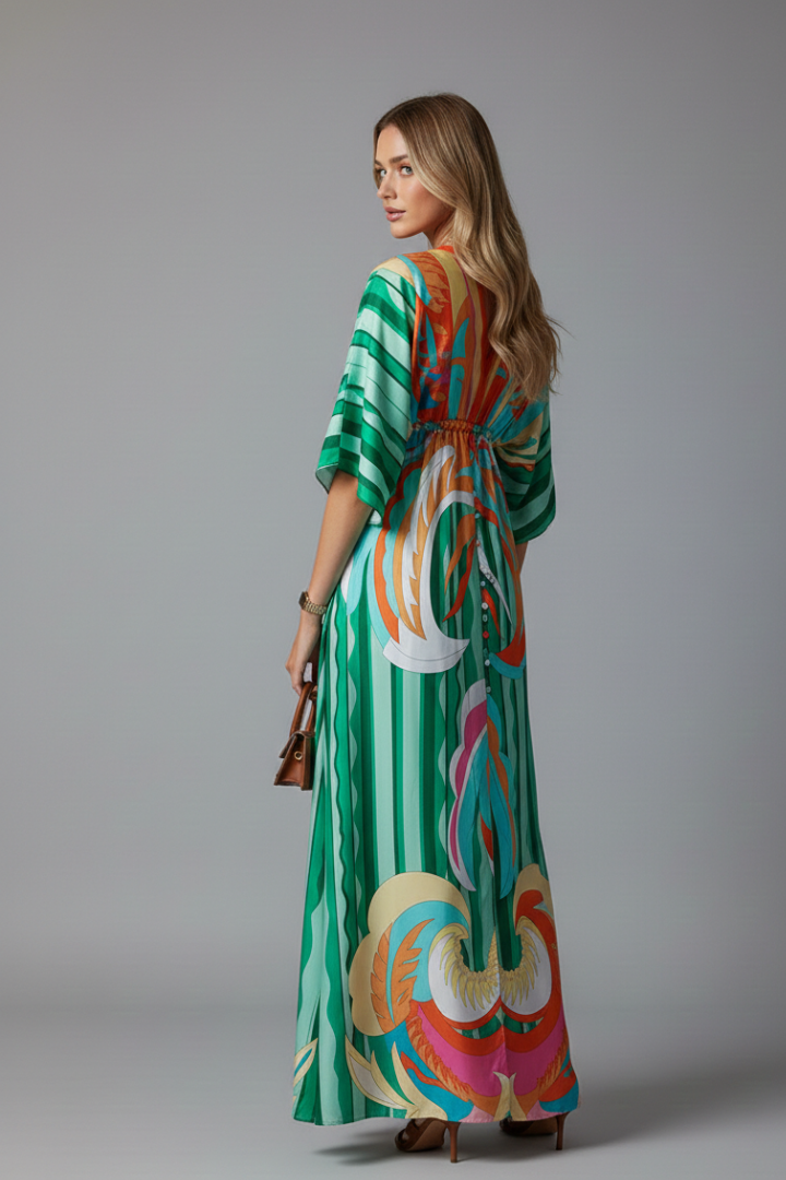 Evania Maxi Dress with V Neckline and Tie Waist