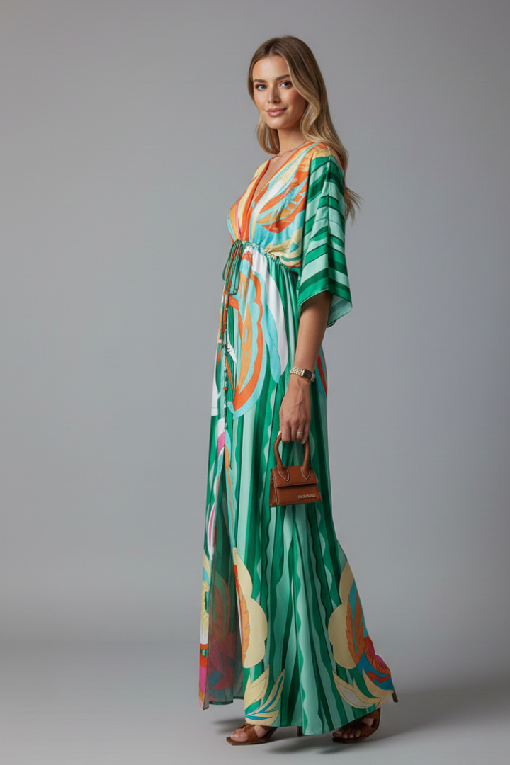 Evania Maxi Dress with V Neckline and Tie Waist