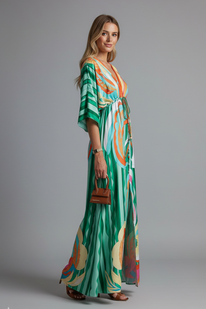 Evania Maxi Dress with V Neckline and Tie Waist