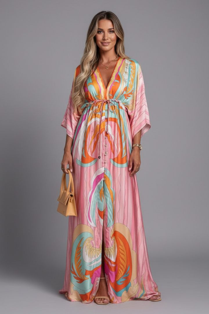 Evania Maxi Dress with V Neckline and Tie Waist