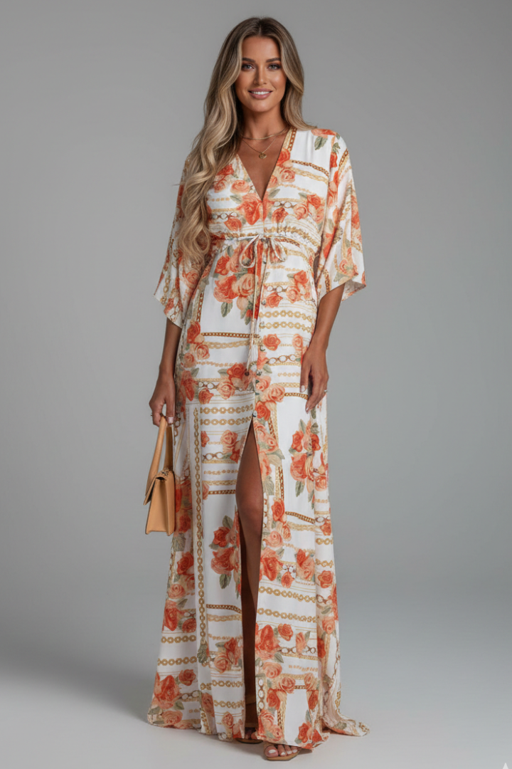 Evania Maxi Dress with V Neckline and Tie Waist