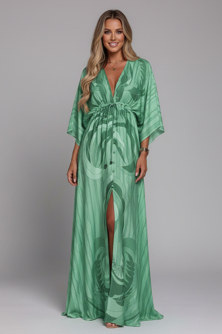 Evania Maxi Dress with V Neckline and Tie Waist