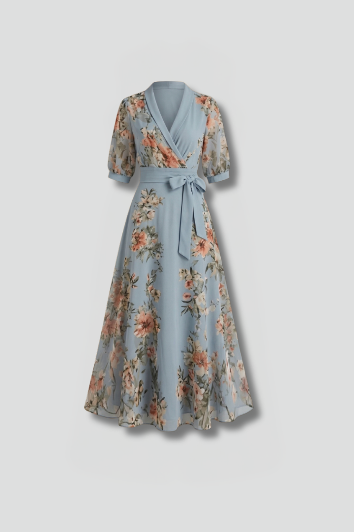 Jannat Midi Dress with V-Neck and Floral Pattern