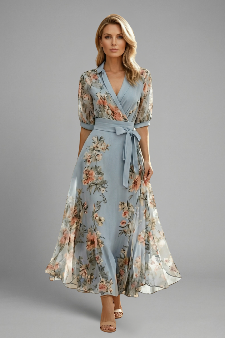Jannat Midi Dress with V-Neck and Floral Pattern