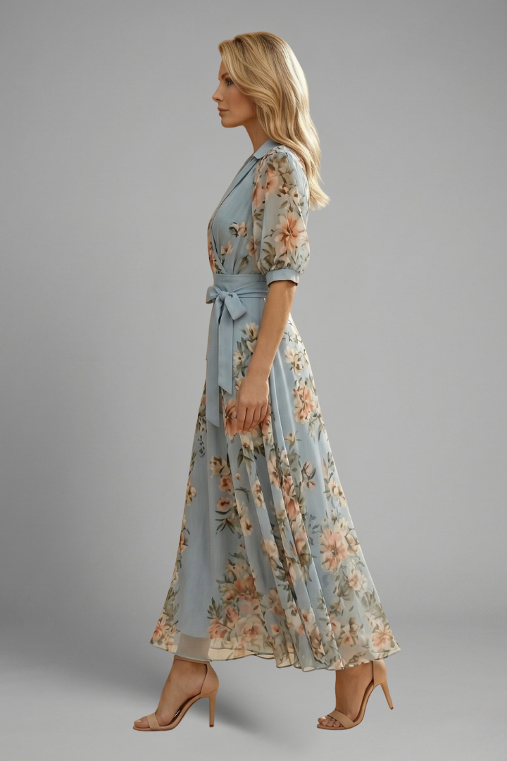 Jannat Midi Dress with V-Neck and Floral Pattern