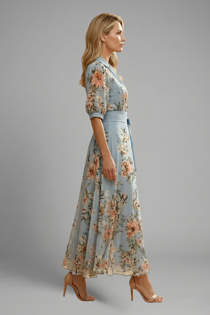 Jannat Midi Dress with V-Neck and Floral Pattern