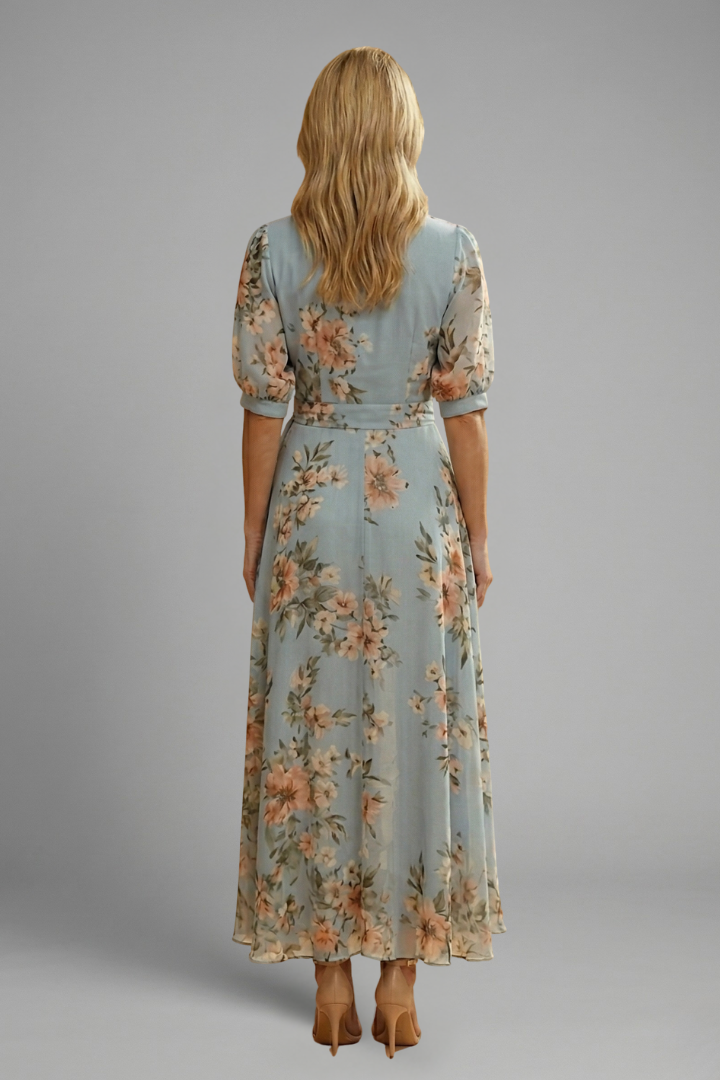 Jannat Midi Dress with V-Neck and Floral Pattern