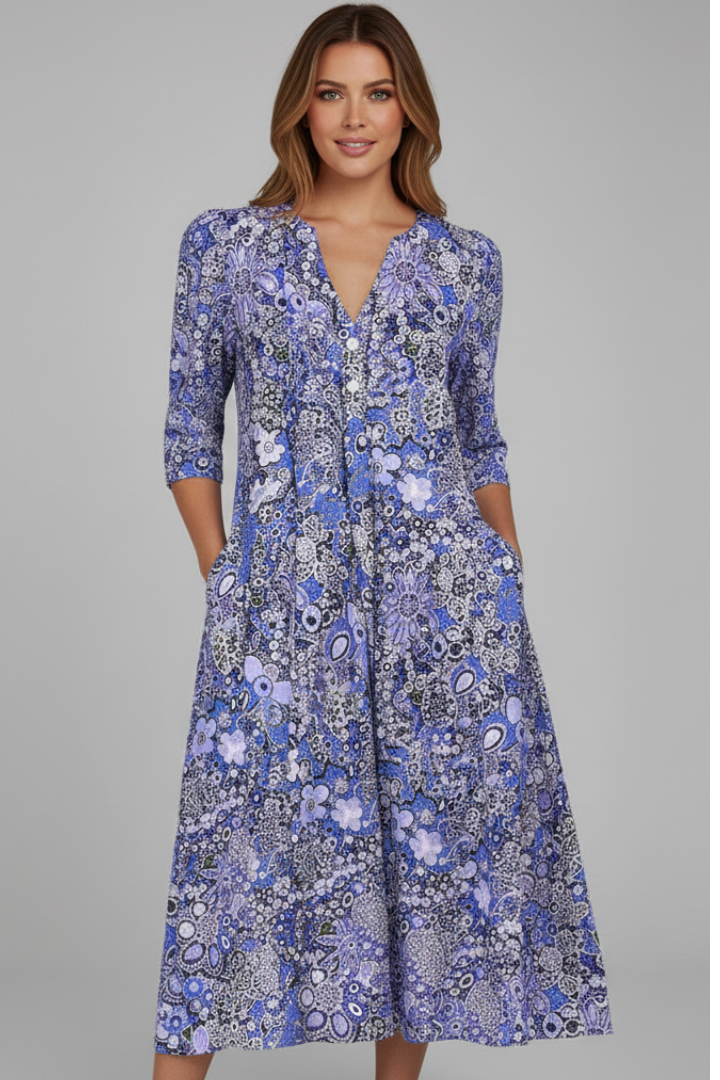 Adorina  Midi Dress with V-Neck and Three-Quarter Sleeves