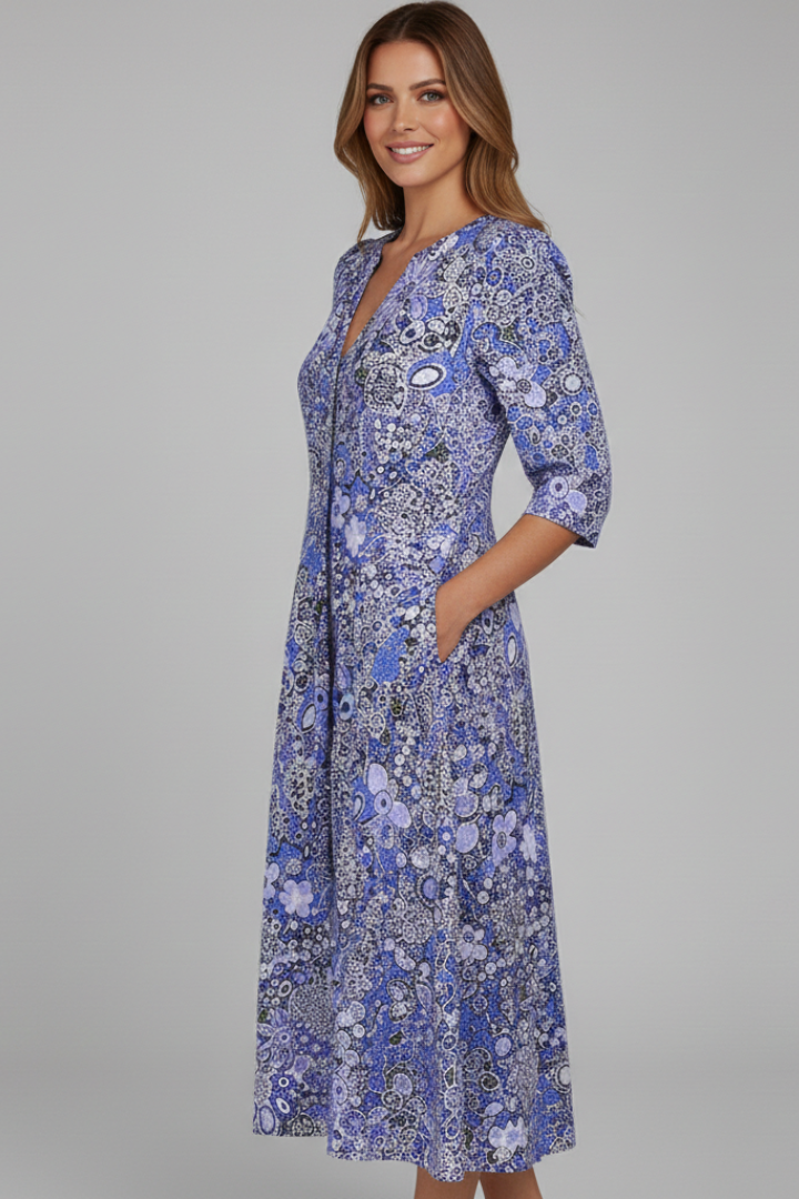 Adorina  Midi Dress with V-Neck and Three-Quarter Sleeves