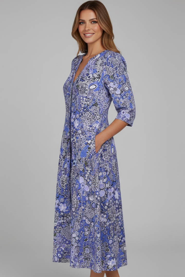 Adorina  Midi Dress with V-Neck and Three-Quarter Sleeves