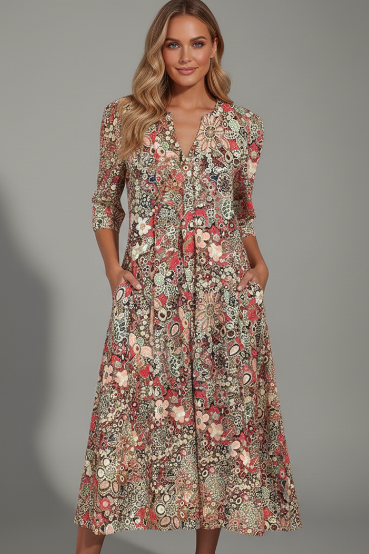 Adorina  Midi Dress with V-Neck and Three-Quarter Sleeves