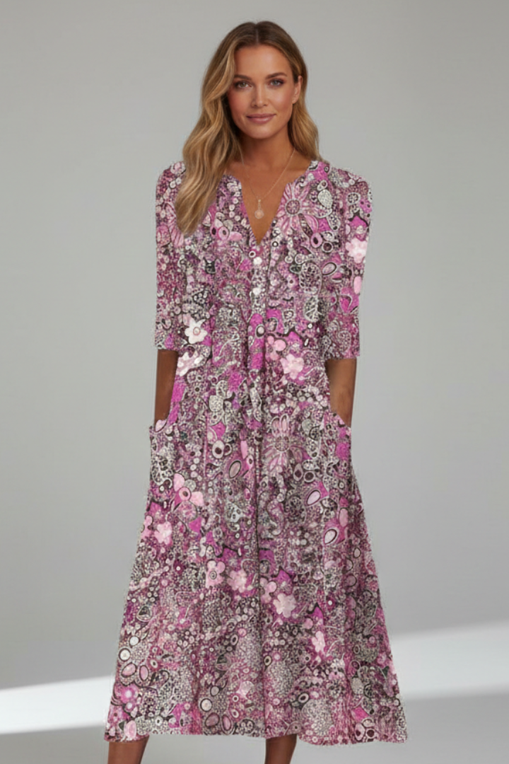 Adorina  Midi Dress with V-Neck and Three-Quarter Sleeves