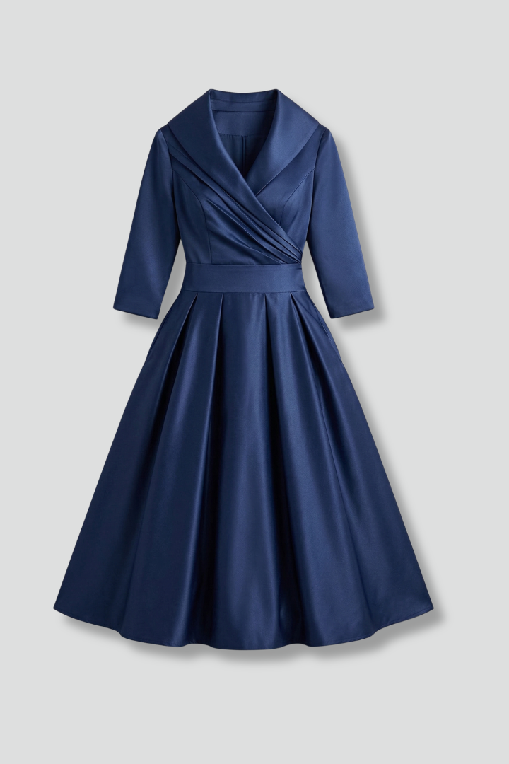 Marinda Midi Dress with Wrap Neck and Pleated Skirt