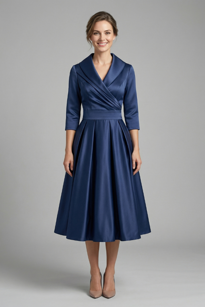 Marinda Midi Dress with Wrap Neck and Pleated Skirt