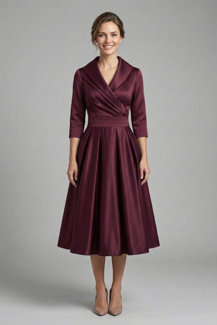 Marinda Midi Dress with Wrap Neck and Pleated Skirt