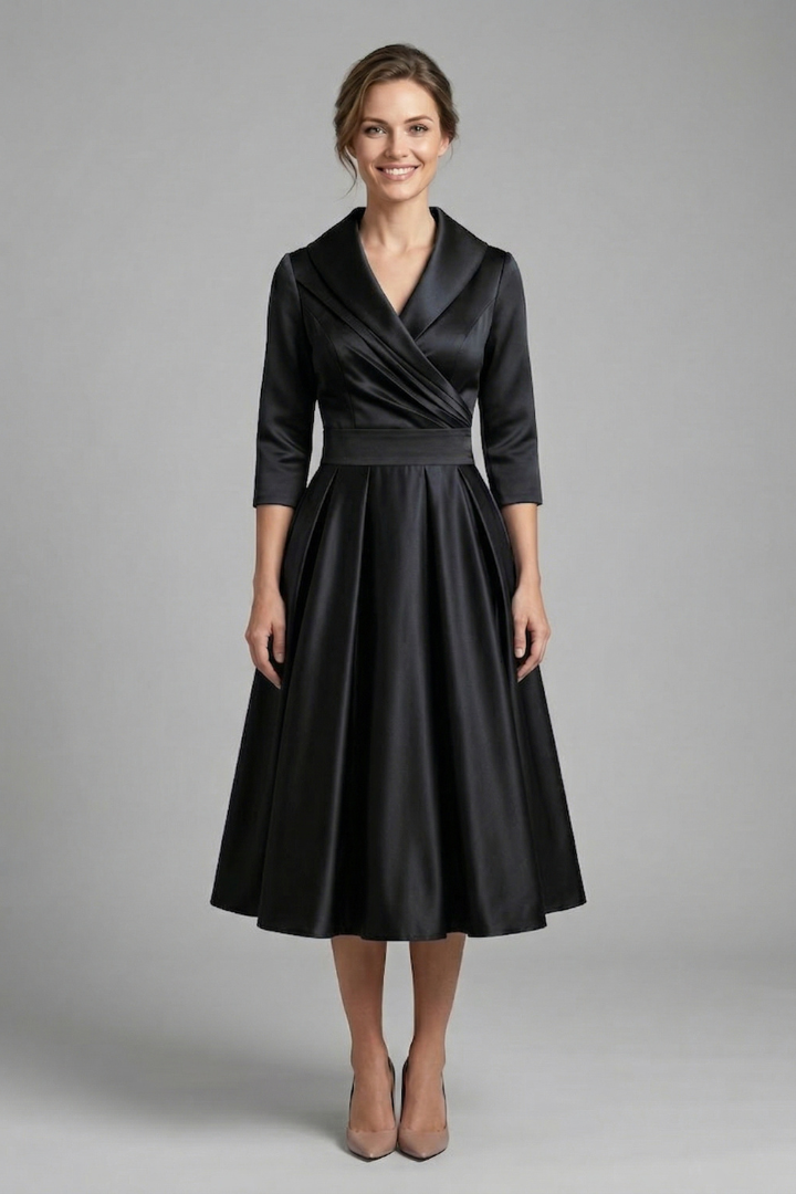 Marinda Midi Dress with Wrap Neck and Pleated Skirt