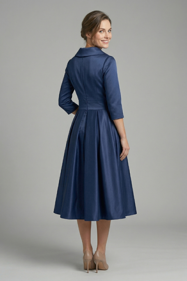 Marinda Midi Dress with Wrap Neck and Pleated Skirt