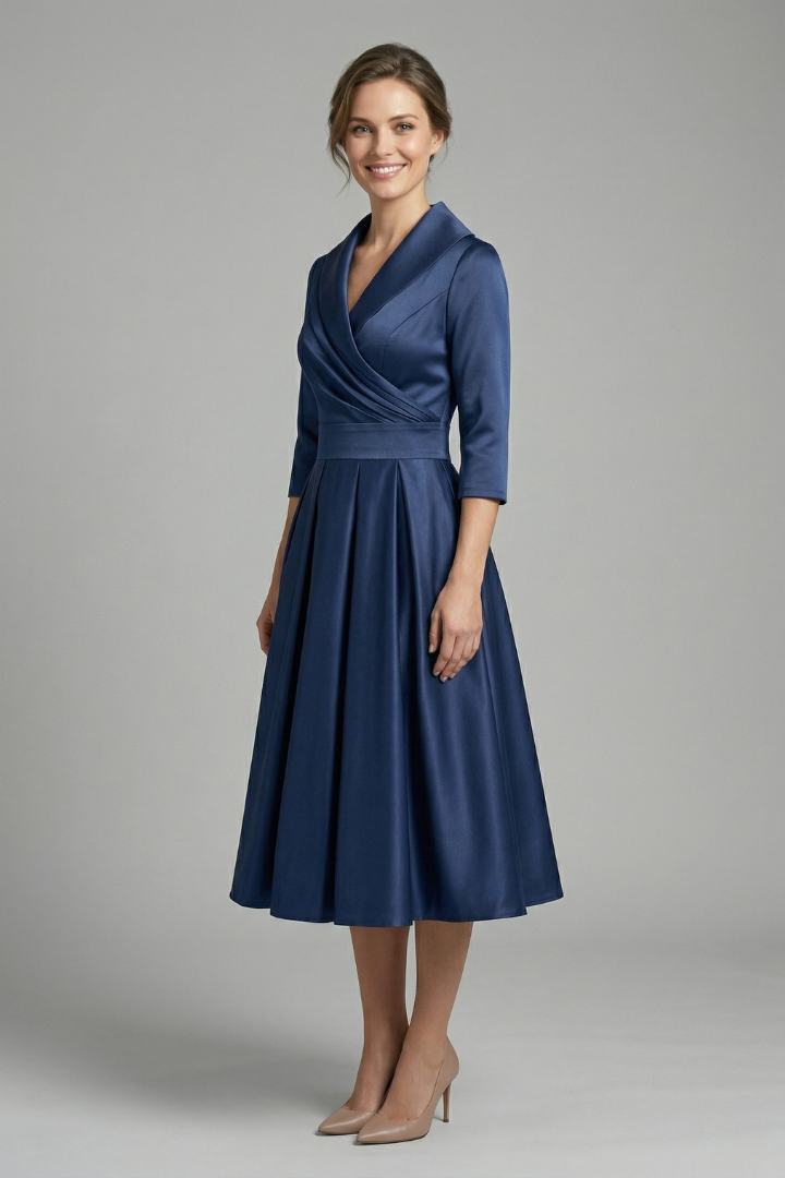 Marinda Midi Dress with Wrap Neck and Pleated Skirt