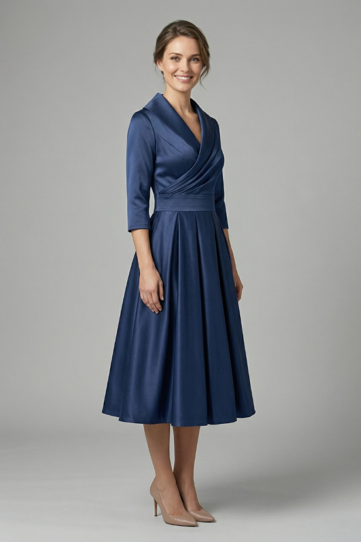 Marinda Midi Dress with Wrap Neck and Pleated Skirt