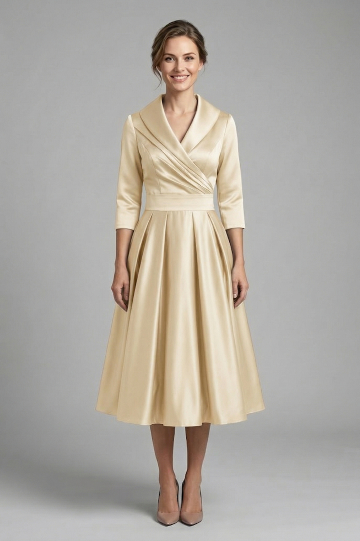 Marinda Midi Dress with Wrap Neck and Pleated Skirt