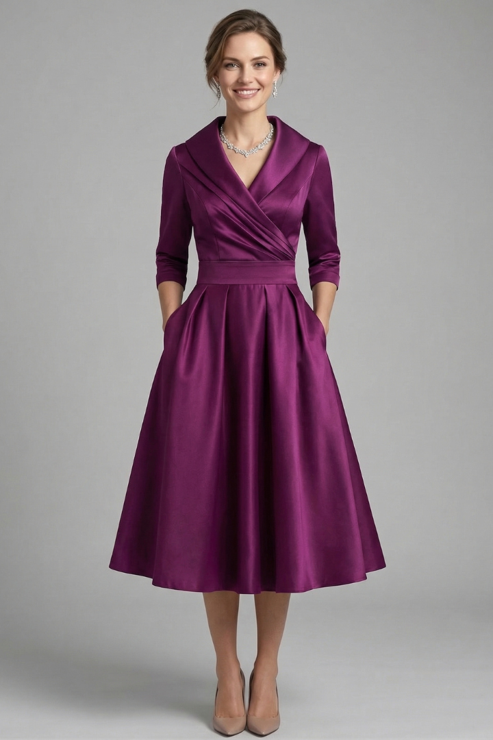Marinda Midi Dress with Wrap Neck and Pleated Skirt