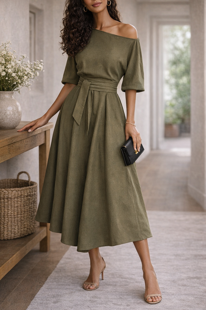 Valerina Belted Off Shoulder Midi Dress