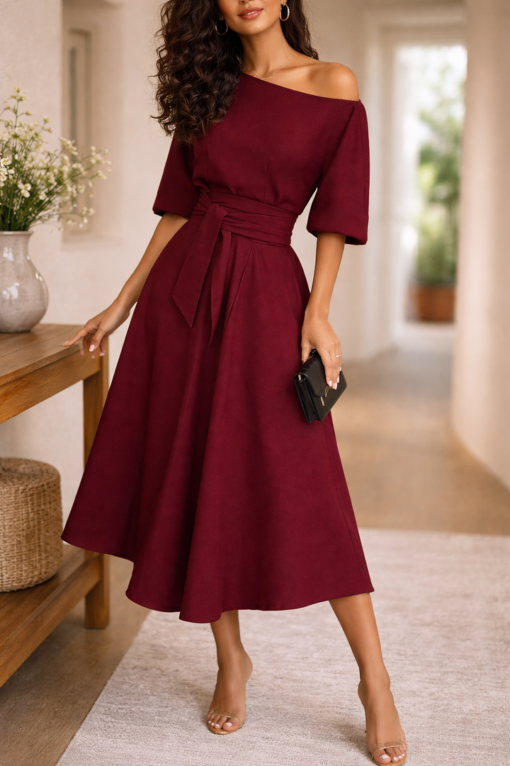 Valerina Belted Off Shoulder Midi Dress