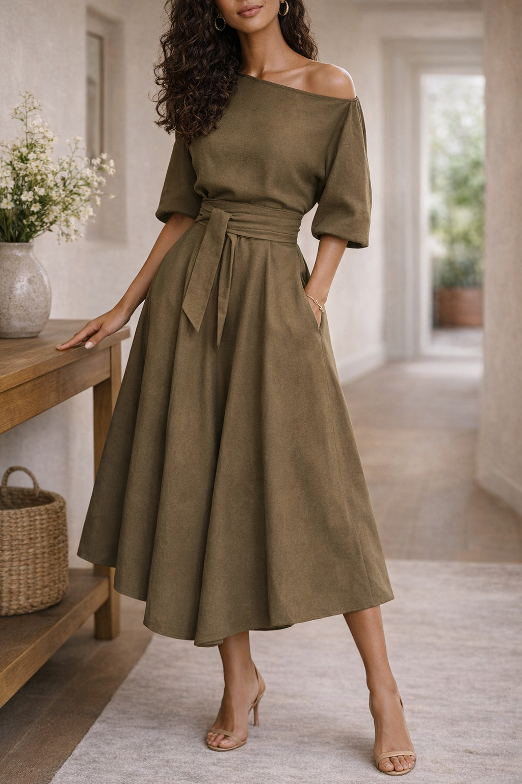 Valerina Belted Off Shoulder Midi Dress