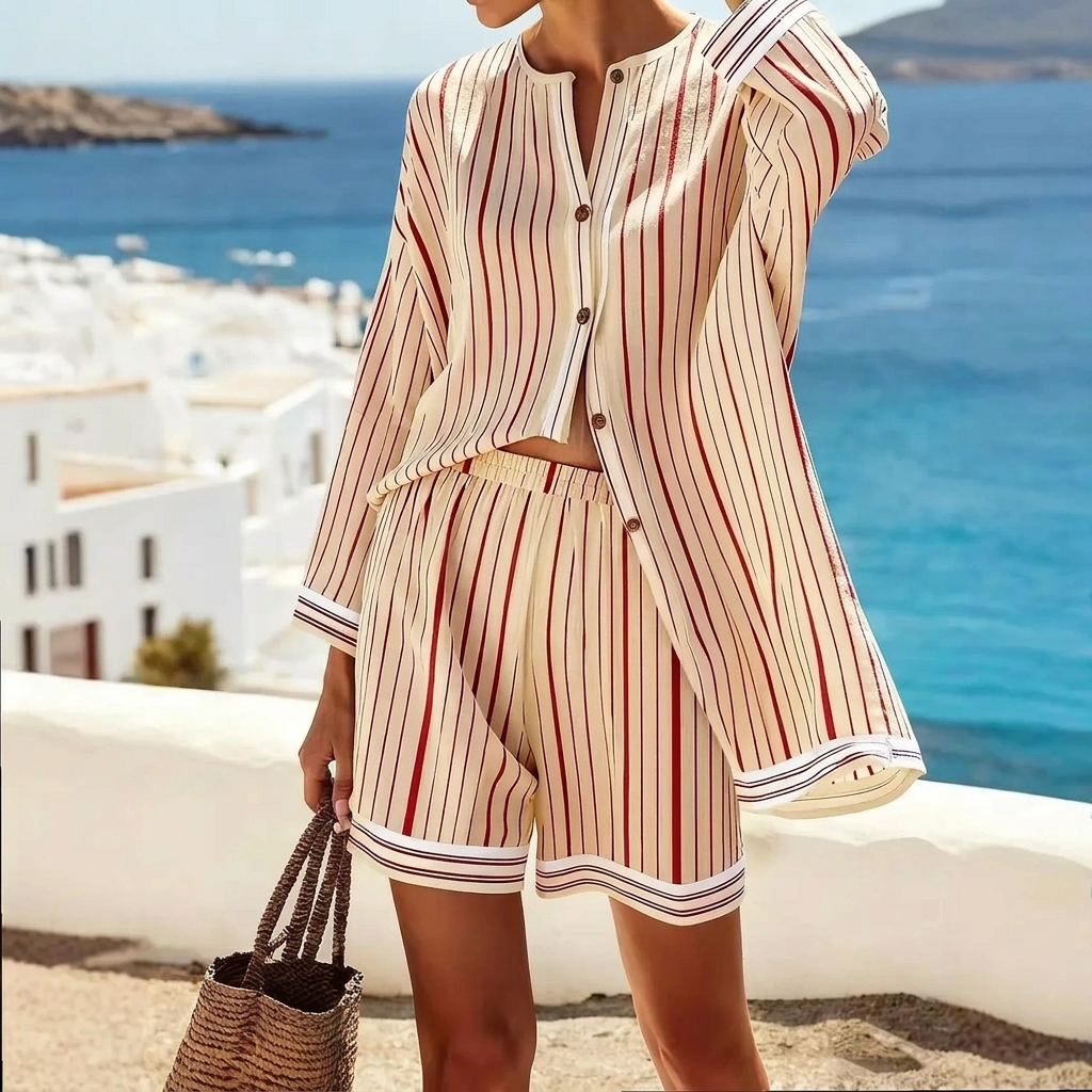 Maelia Striped Breathable Two Piece Shorts Set