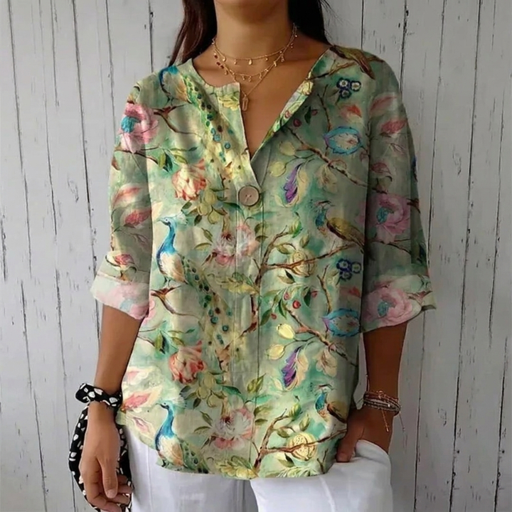 Elisara Breathable Floral Print V Neck Blouse