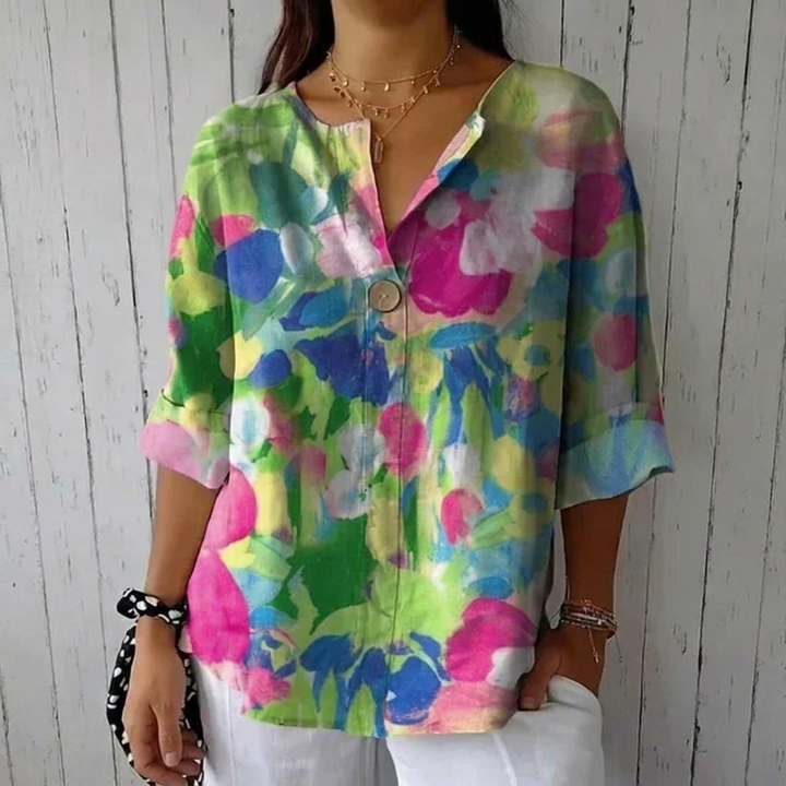 Elisara Breathable Floral Print V Neck Blouse
