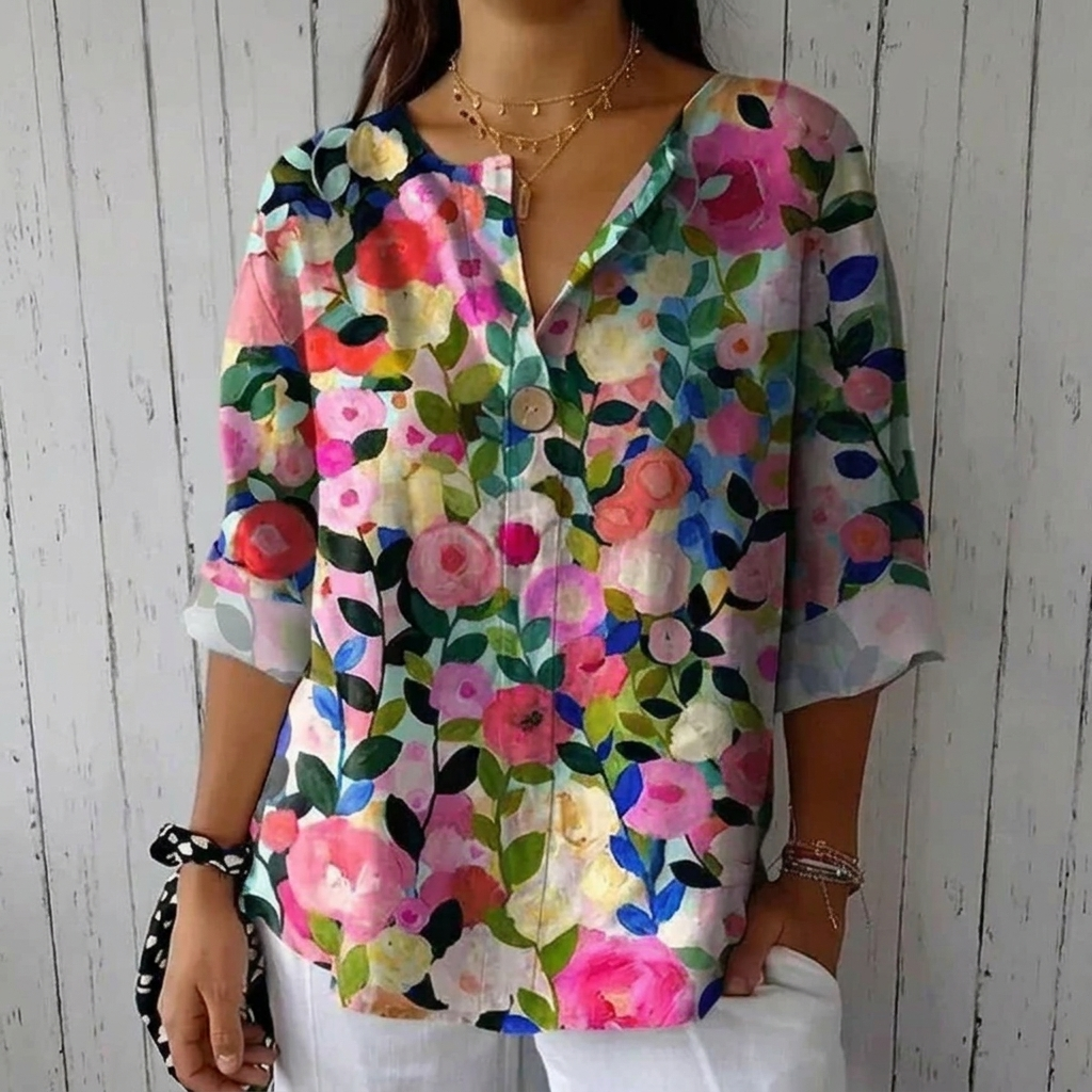 Elisara Breathable Floral Print V Neck Blouse