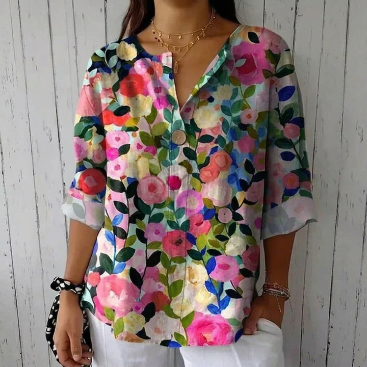 Elisara Breathable Floral Print V Neck Blouse
