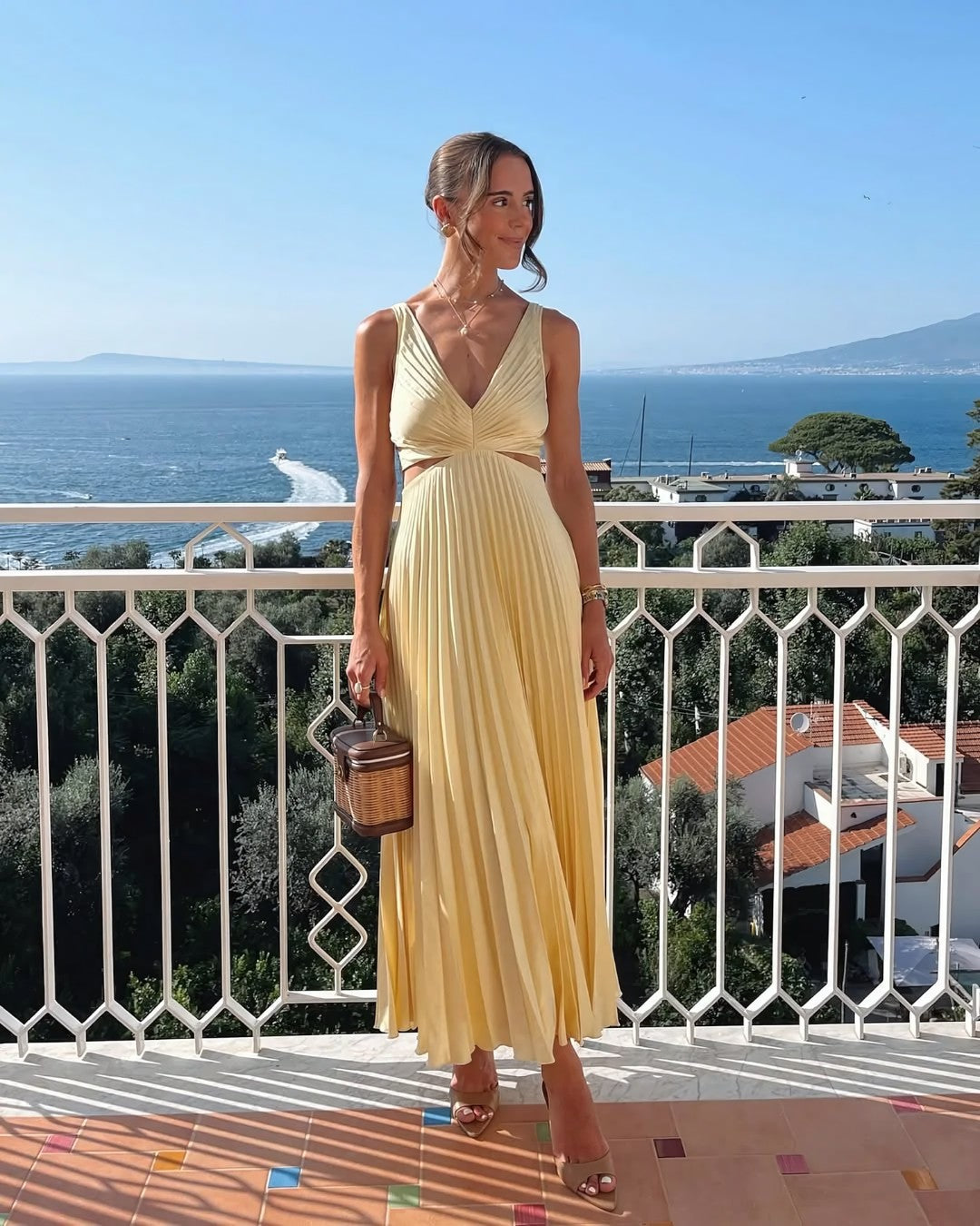 Aveline Pleated Cutout Waist Midi Wedding Guest Dress