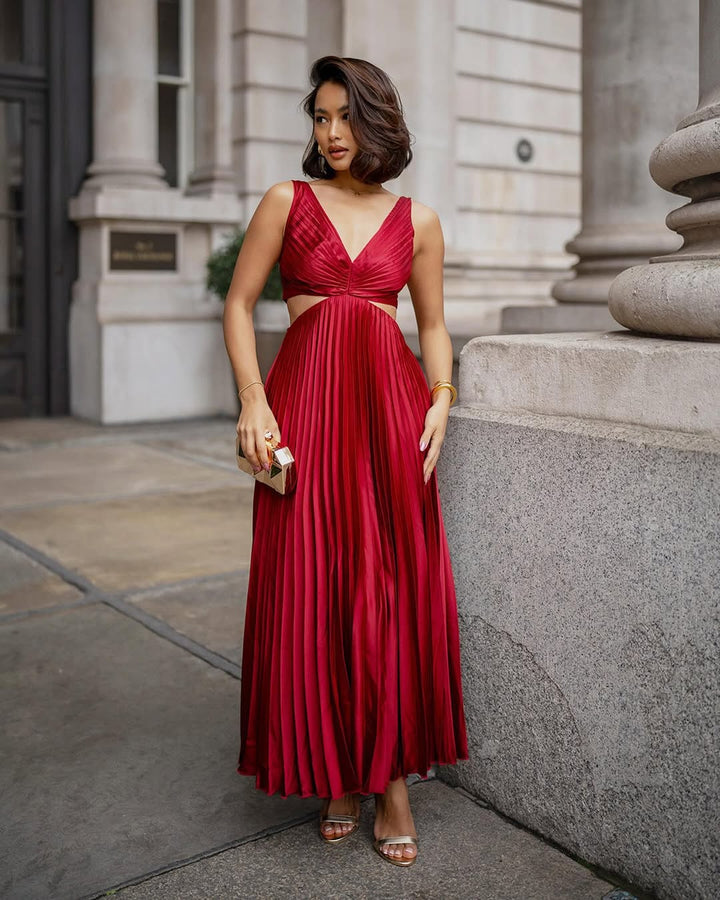 Aveline Pleated Cutout Waist Midi Wedding Guest Dress