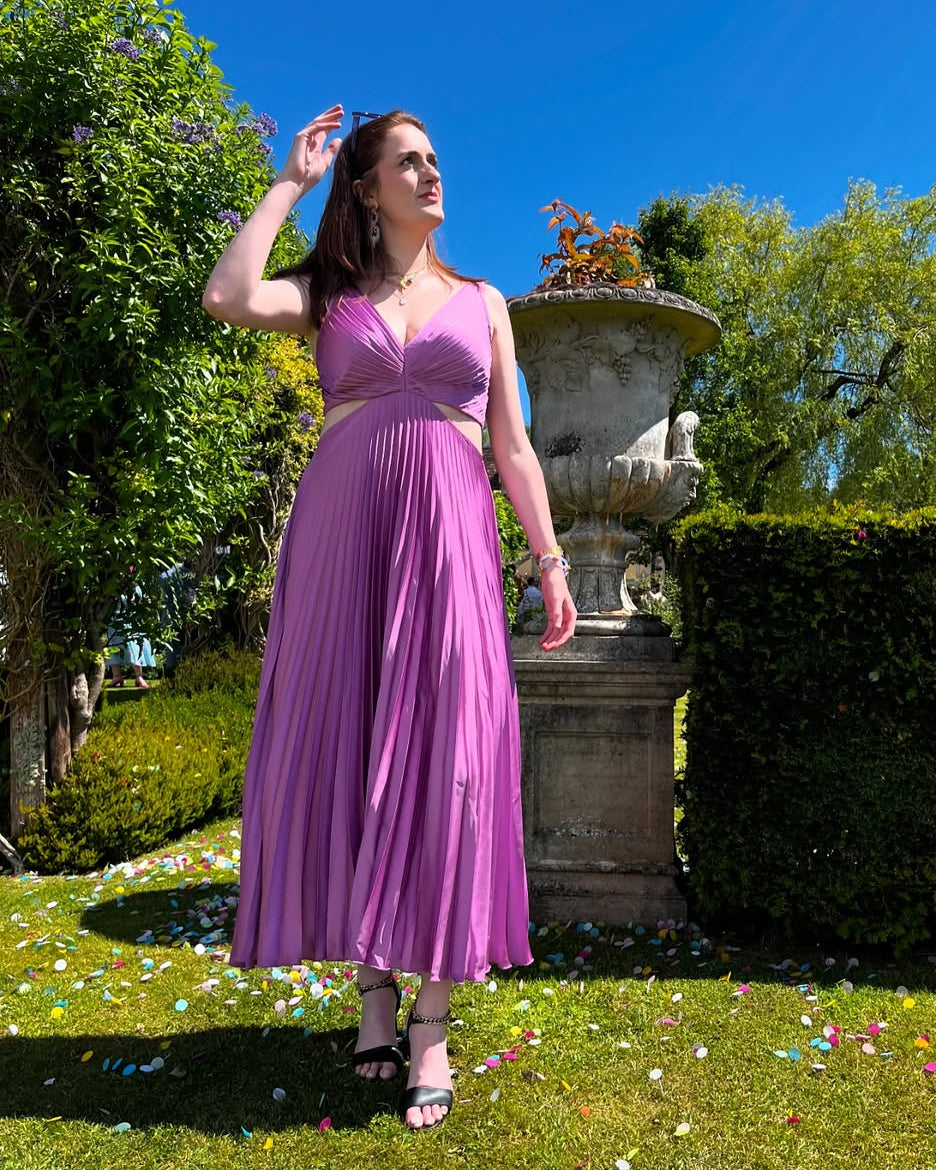 Aveline Pleated Cutout Waist Midi Wedding Guest Dress