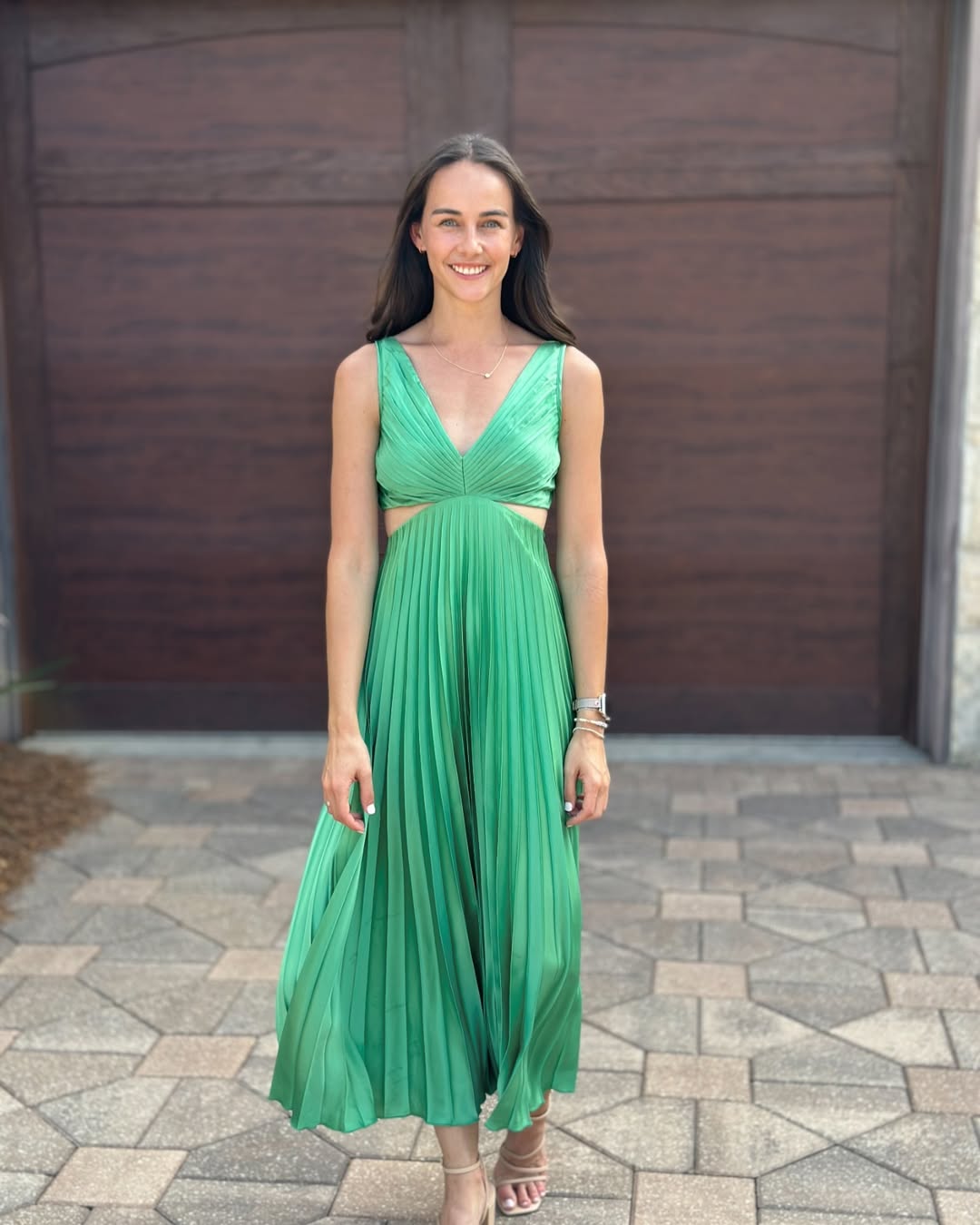 Aveline Pleated Cutout Waist Midi Wedding Guest Dress