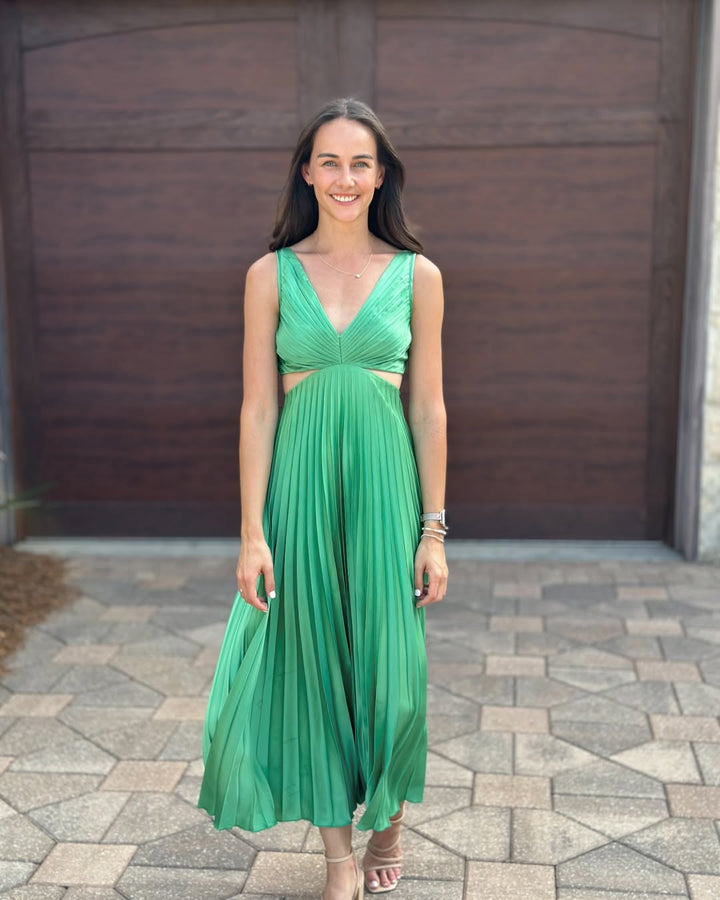 Aveline Pleated Cutout Waist Midi Wedding Guest Dress