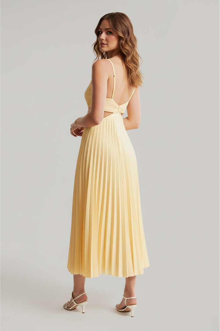 Aveline Pleated Cutout Waist Midi Wedding Guest Dress