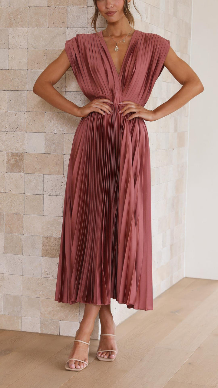 Lucinda Pleated V Neck Midi Wedding Guest Dress