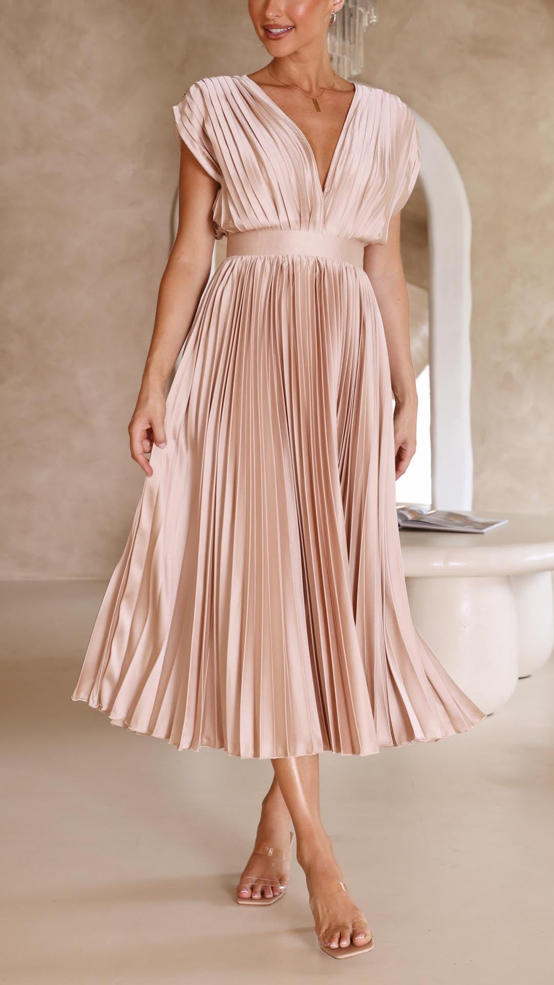 Lucinda Pleated V Neck Midi Wedding Guest Dress