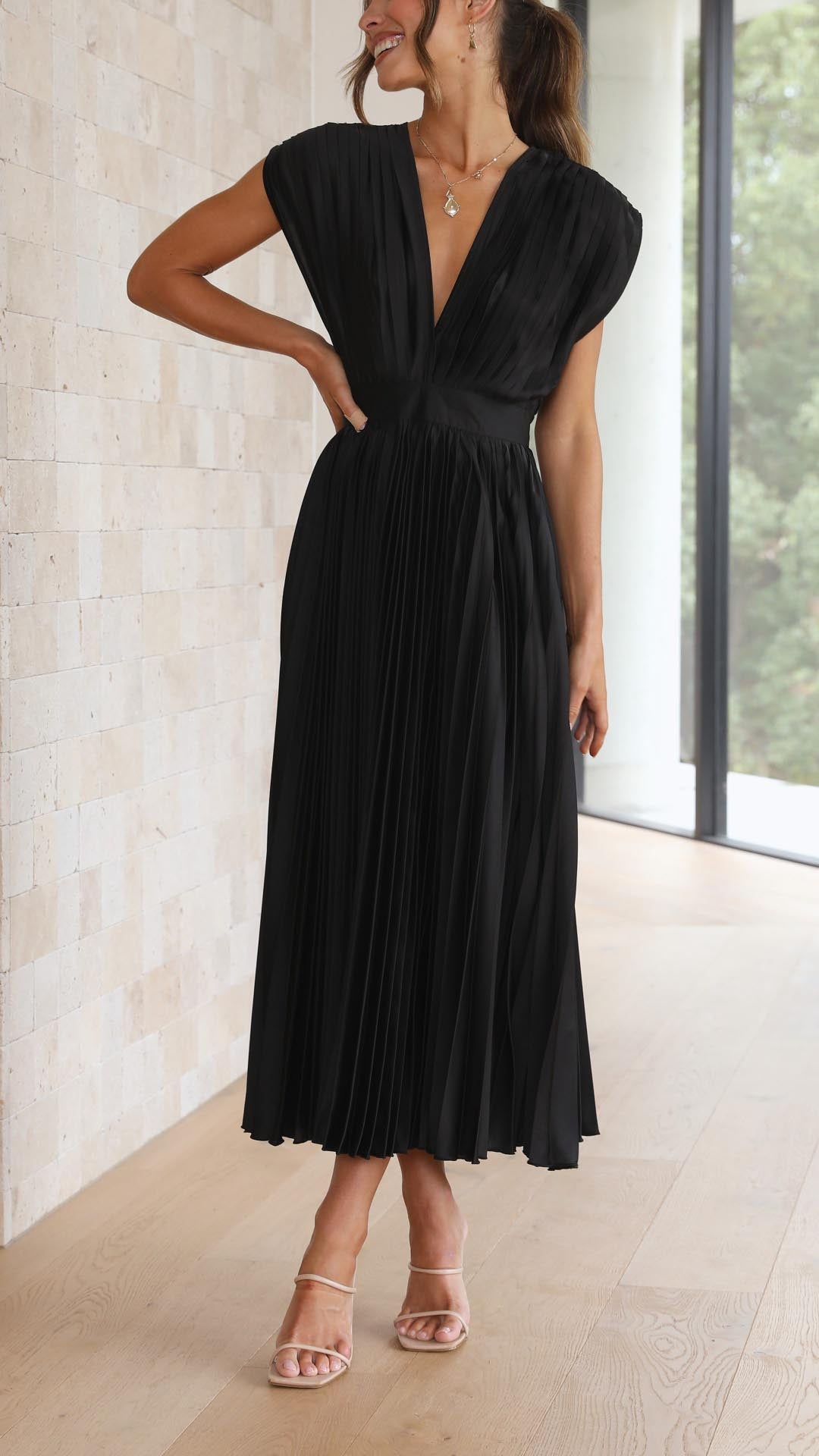 Lucinda Pleated V Neck Midi Wedding Guest Dress