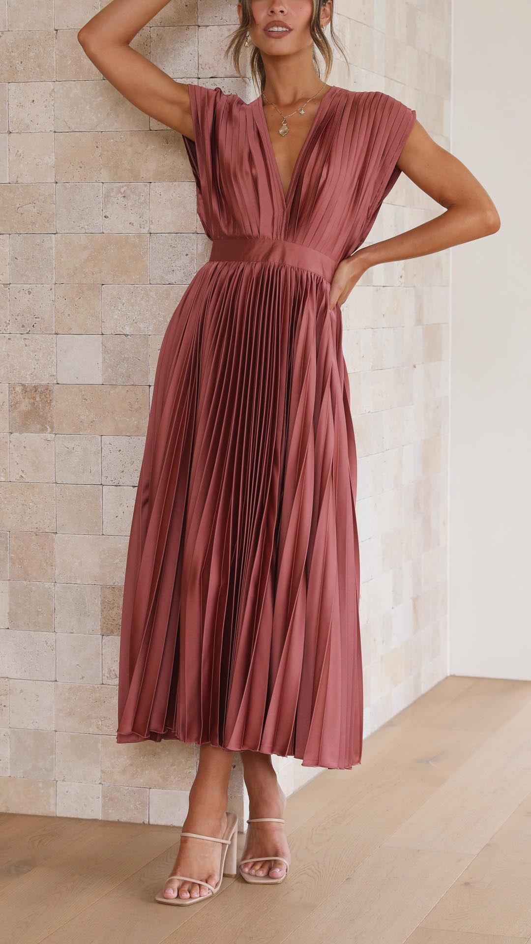 Lucinda Pleated V Neck Midi Wedding Guest Dress