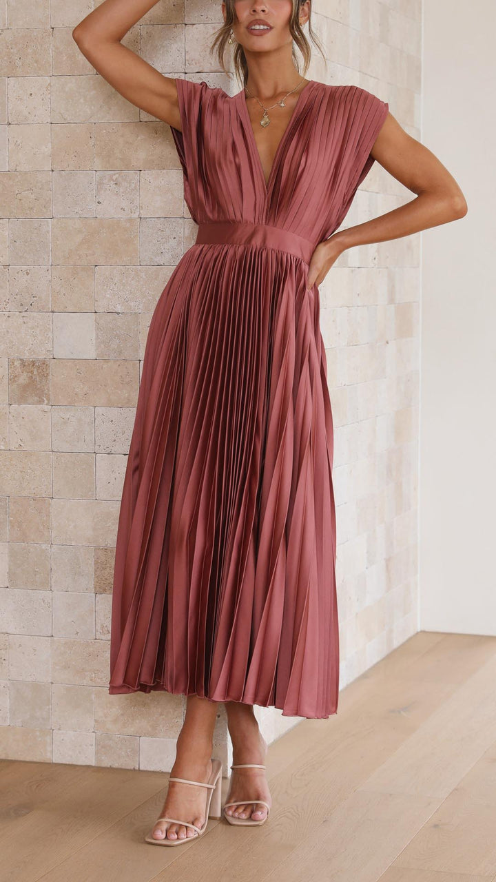 Lucinda Pleated V Neck Midi Wedding Guest Dress