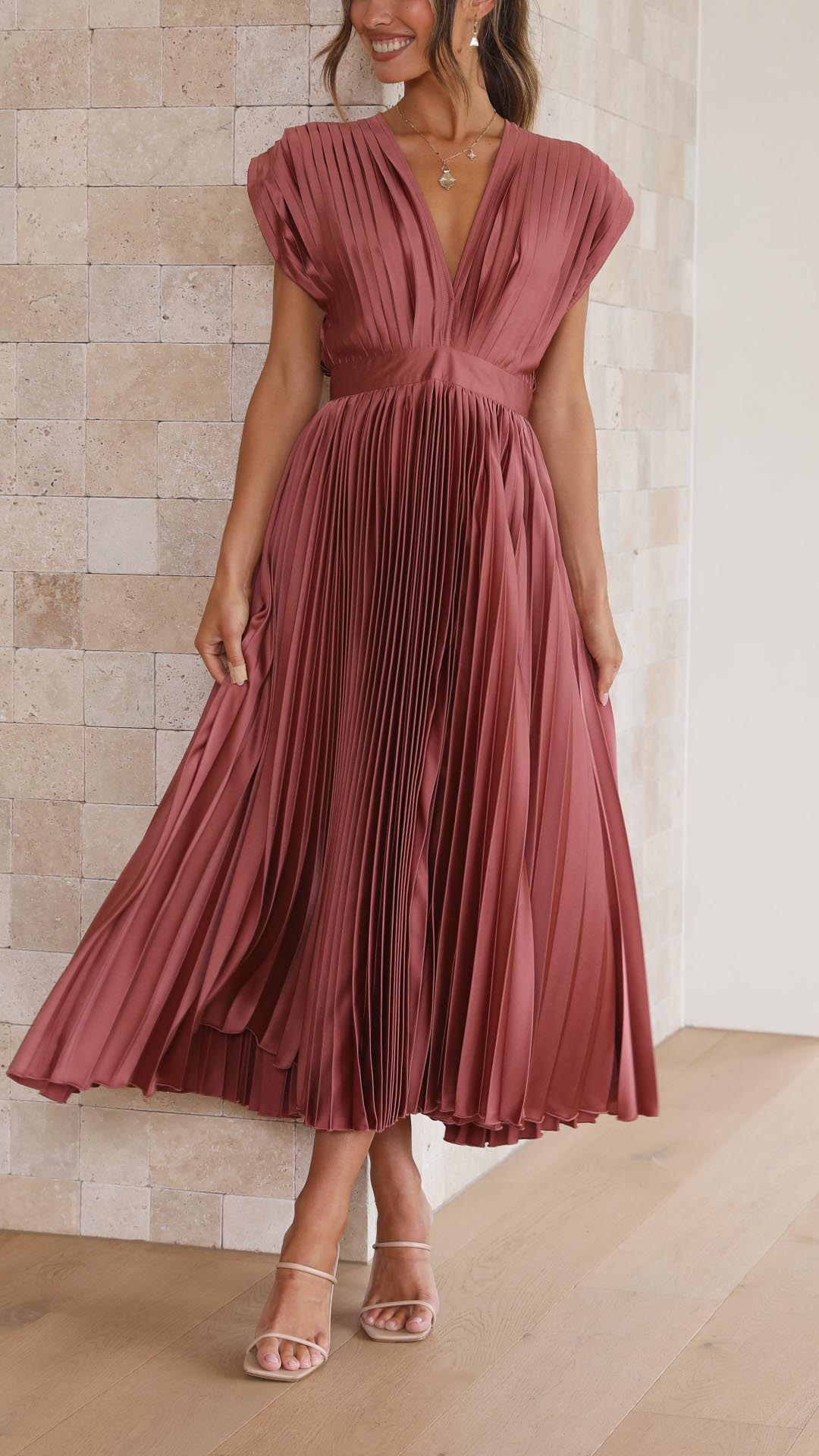 Lucinda Pleated V Neck Midi Wedding Guest Dress