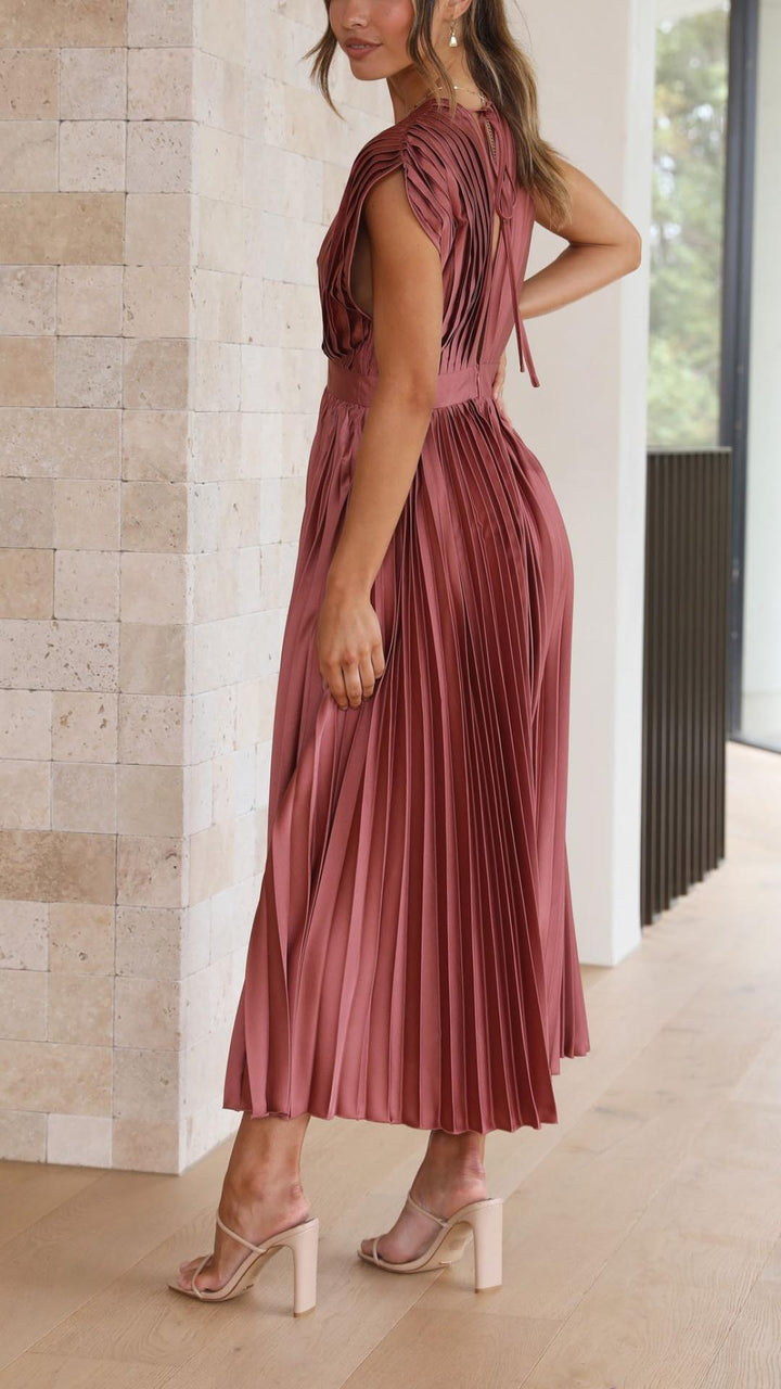 Lucinda Pleated V Neck Midi Wedding Guest Dress