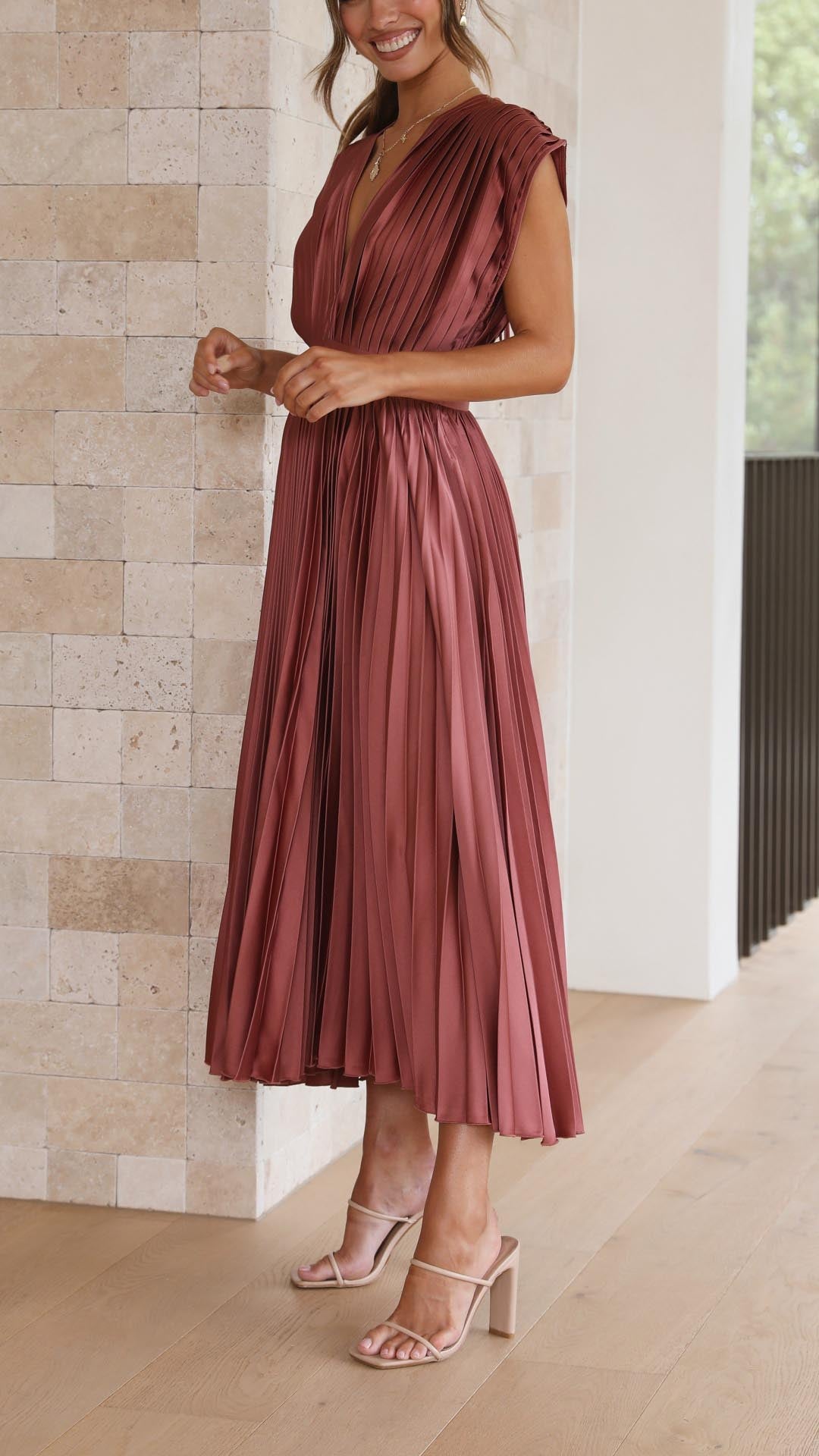 Lucinda Pleated V Neck Midi Wedding Guest Dress